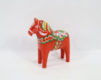 1970s Swedish Dala Horse | Hand Painted Wooden Folk Art Figurine | Red Kurbits Scandinavian Decor