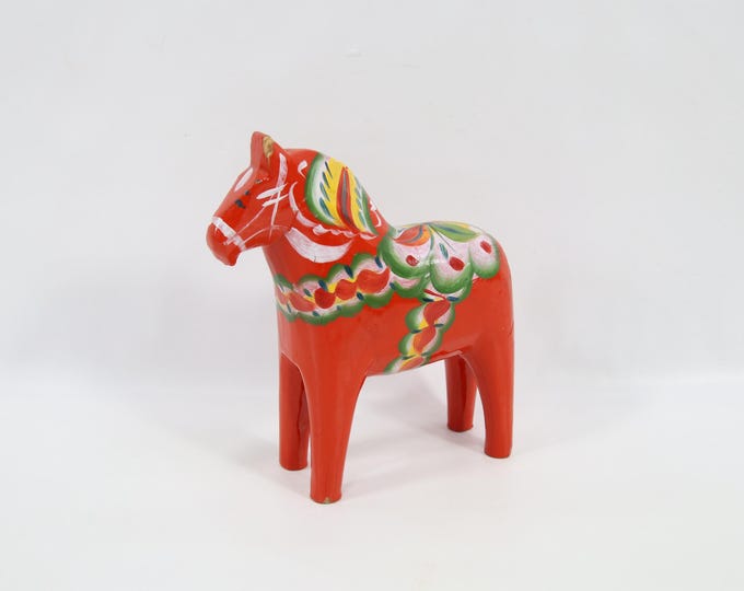 1970s Swedish Dala Horse | Hand Painted Wooden Folk Art Figurine | Red Kurbits Scandinavian Decor