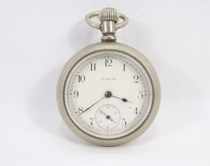 Elgin Railroad Pocket Watch | 1910s Silveroid Keystone Case | 7 Jewel Vintage Train Motif | Norwegian Estate Find | Antique Working Watch