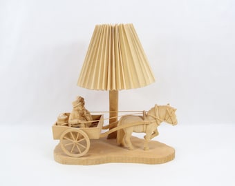 Hand Carved Norwegian Wood Table Lamp | Horse Cart Farm Scene Folk Art Light | Rustic Scandinavian Country Decor