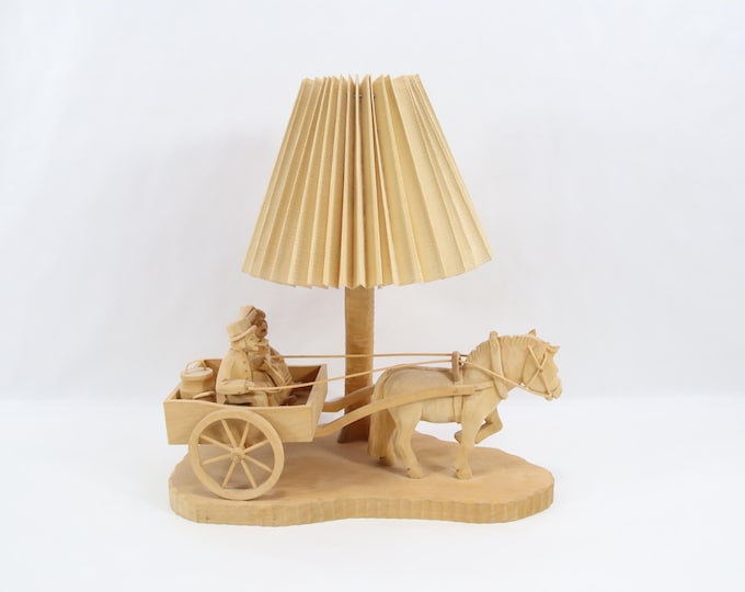 Hand Carved Norwegian Wood Table Lamp | Horse Cart Farm Scene Folk Art Light | Rustic Scandinavian Country Decor