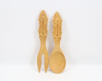 1980s Norwegian Hand Carved Wooden Serving Set | Decorative Folk Art Salad Utensils | Signed Leif Solheim 1981