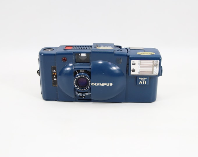 Rare Blue Olympus XA2 35mm Film Camera with A11 Flash | 1980s Japan Compact Point and Shoot | Collectible Camera Gift Idea