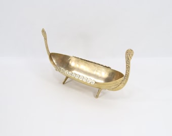 Vintage Brass Viking Ship Bowl - Scandinavian Style Longboat Centerpiece with Shield Motifs