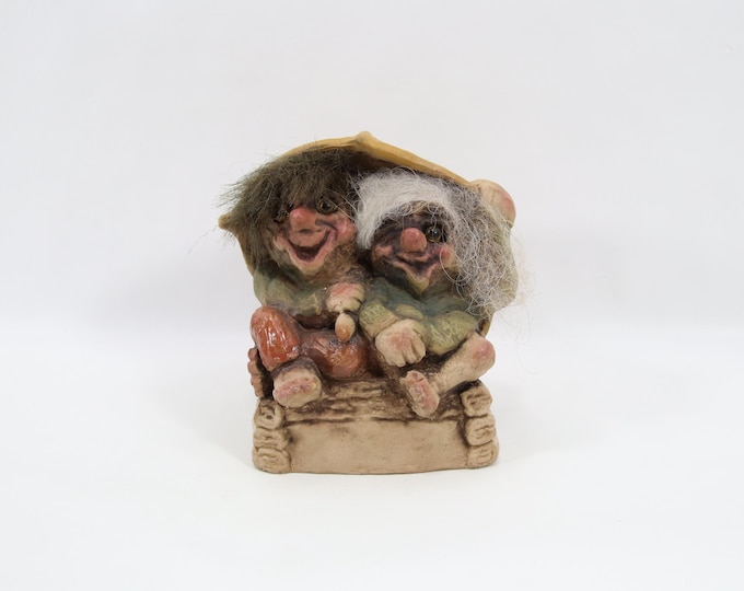 Fosse Troll Couple Figurine Vintage 1990s | Norwegian Folk Art Pair Under Umbrella | Cozy Nordic Scene | Scandinavian Collectible Decor
