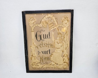 Rare Antique Norwegian Samplar - Hand Sewn Wall Art - Framed Blessing Picture from the 1800s