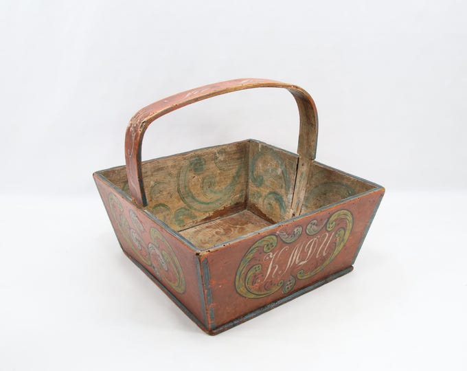 Antique Norwegian Sending Basket 1874 | Hand Painted Rosemaling Wooden Box | Folk Art Wedding Food Carrier