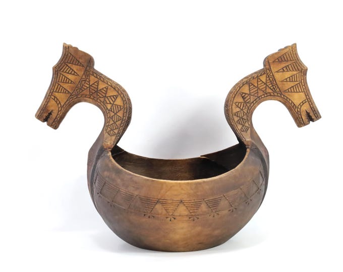 Antique Norwegian Ale Bowl - Viking Inspired Horse Head Beer Vessel - Hand Carved Folk Art Wooden Bowl 1880s-1910s