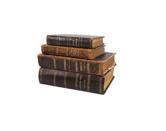 Antique 1800s German Leather Books – Theology & Christian Volumes – Decorative Gilt Spines – Rustic Library Decor – Set of 4