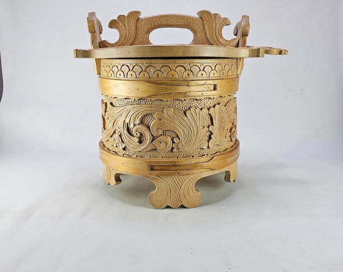 Vintage 1960s porrigde bowl - grotcontainer - Butter amber - Center piece decor - Bentwood decor - Acanthus carvings - Scandinavian folk art