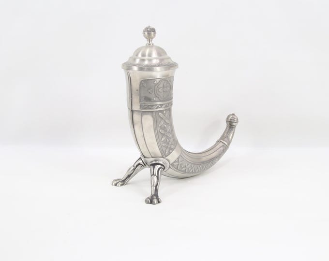 Vintage Norwegian Pewter Drinking Horn by Aksel Holmsen | Viking Style Decorative Horn with Lid | Scandinavian Barware