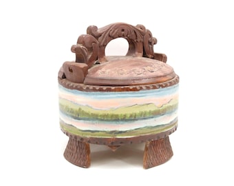Norwegian Folk Art Wooden Butter Bucket – Hand Carved and Painted 1960s Container with Floral Lid, Landscape Band and Ornate Handle