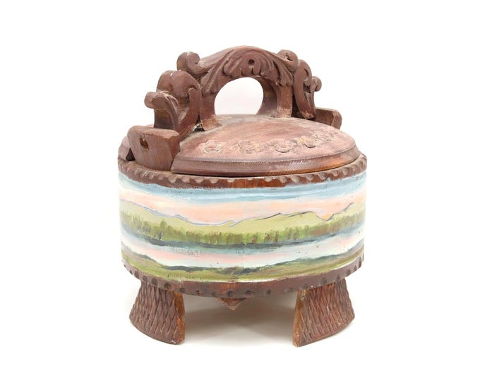 Norwegian Folk Art Wooden Butter Bucket – Hand Carved and Painted 1960s Container with Floral Lid, Landscape Band and Ornate Handle