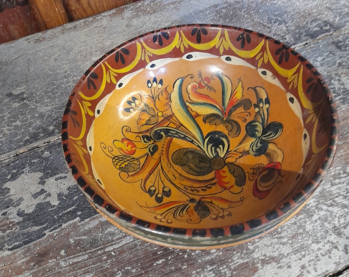 Folk Art Inspired Ale Bowl - Stunning 1980s Norwegian Farmhouse Primitive Antiques