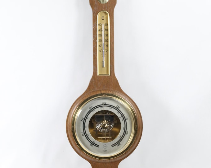 Vintage Nautical Decor: Hand Carved Maritime Atmospheric Pressure Measuring Instrument with Temperature Gauge, Folkart Style