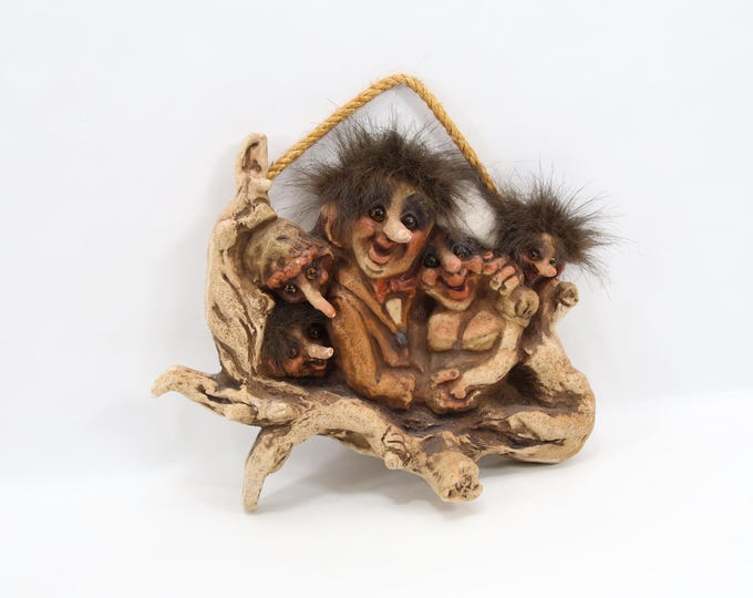 NyForm Norwegian Troll Family Wall Hanging | Handmade Nordic Folklore Figurine 1980s Scandinavian Forest Decor Vintage Troll Art