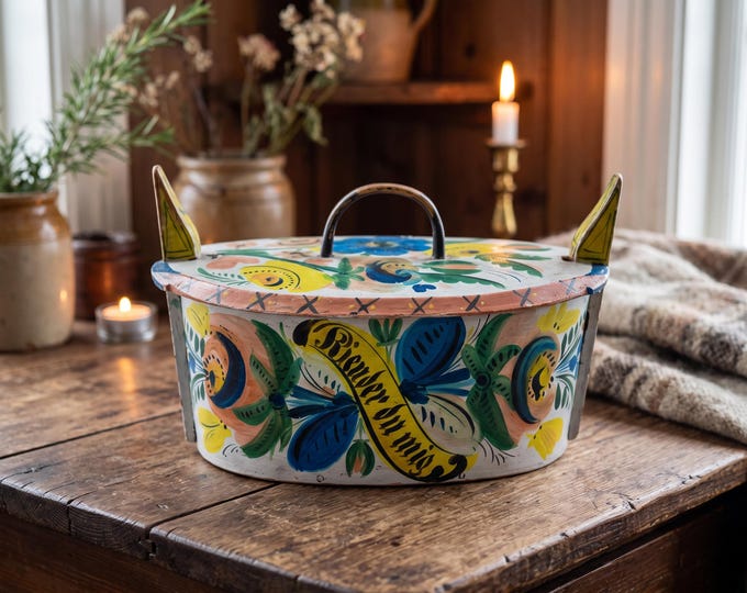 Antique Norwegian Tine Box, 1910s | Os Rosemaling Folk Art | Hand Painted Floral Bentwood Box with Lid | Scandinavian Keepsake