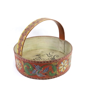 Antique Norwegian Bentwood Basket Tine - Rosemaling Folk Art Box - Hand Painted 19th Century Scandinavian Decor - Dated 1872