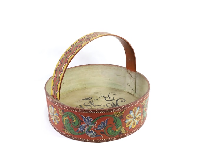Antique Norwegian Bentwood Basket Tine - Rosemaling Folk Art Box - Hand Painted 19th Century Scandinavian Decor - Dated 1872