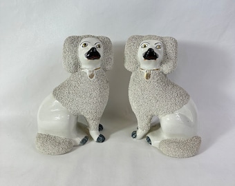 Victorian Staffordshire Pottery Poodle Pair, 1850 - Antique Large Ceramic Dogs with Gilded Collars