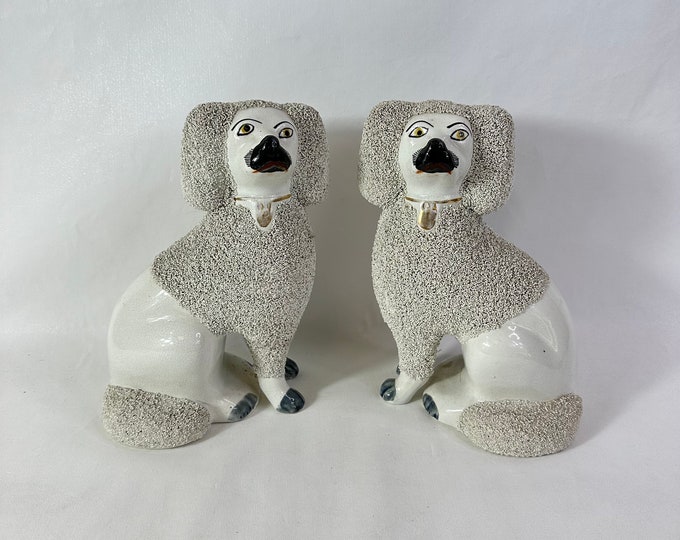 Victorian Staffordshire Pottery Poodle Pair, 1850 - Antique Large Ceramic Dogs with Gilded Collars