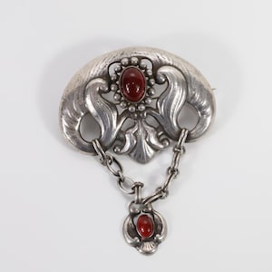 Art Nouveau Danish Brooch - 1920s Silver Jewelry with yellow stone