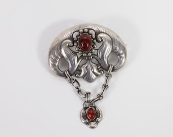 Art Nouveau Danish Brooch - 1920s Silver Jewelry with yellow stone