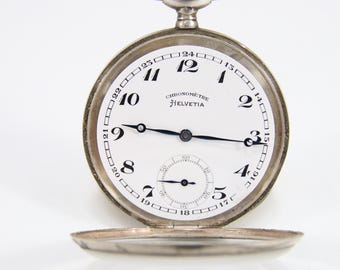 Vintage Helvetia Chronometre Pocket Watch | 1920s Swiss Silver 0.800 Case | Manual Wind Mechanical Timepiece w/ Chain | Patina Finish