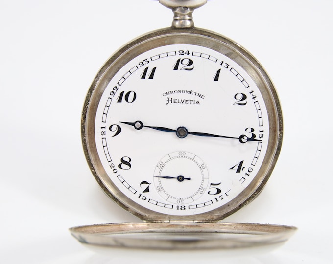 Vintage Helvetia Chronometre Pocket Watch | 1920s Swiss Silver 0.800 Case | Manual Wind Mechanical Timepiece w/ Chain | Patina Finish
