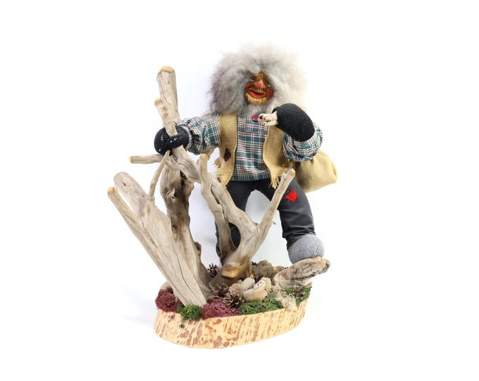 Large Vintage Norwegian Troll Figurine – Handmade 1970s Scandinavian Folk Art with Hand Carved Wooden Face Wool Hair Rustic Collectible