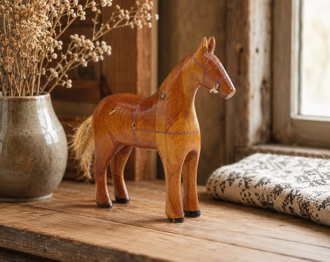 Vintage Norwegian Hand Carved Wooden Horse 1960s | Handmade Folk Art Toy Horse Figure | Mid Century Scandinavian Nursery Farmhouse Decor