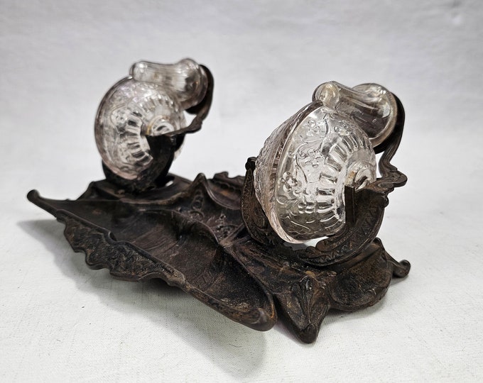 Antique Cast Iron Stork Inkwell Stand Patented 1879 - Elegant Vintage Office Decor Collectible