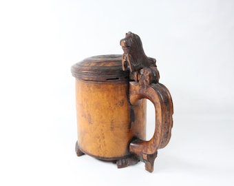 Antique 1700s Lion Head Beer Tankard - Hand Carved Norwegian Ale Drinking Vessel - Antique Norwegian Folk Art
