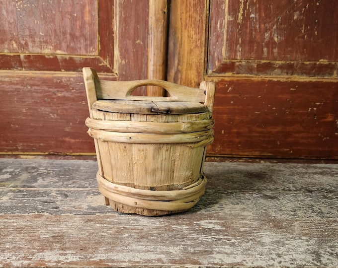 Vintage rare wooden salt / butter bucket, Norwegian handmade folk art, bentwood, made in the late 1800s. rustic, hand made folk-art