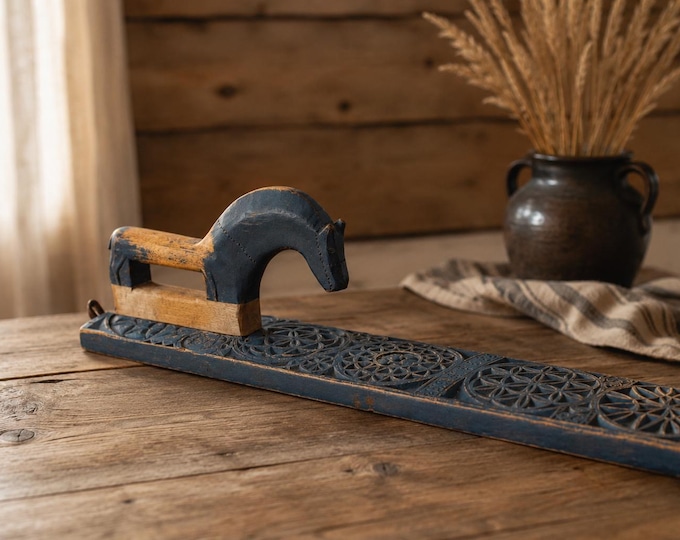 Antique Norwegian Mangel Board 1800s | Hand Carved Folk Art Mangletre | Primitive Horse Handle Blue Patina | Scandinavian Farmhouse Decor