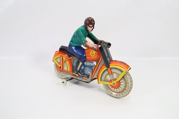 Vintage Soviet Tin Motorcycle Wind-Up Toy | 1950s USSR Metal Toy with Rider | Colorful Collectible Wind-Up Motorcycle | Made in USSR