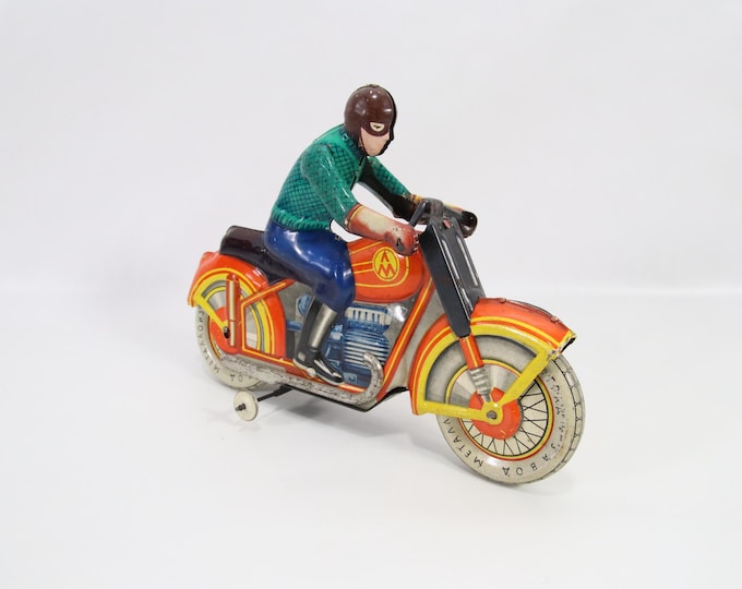 Vintage Soviet Tin Motorcycle Wind-Up Toy | 1950s USSR Metal Toy with Rider | Colorful Collectible Wind-Up Motorcycle | Made in USSR