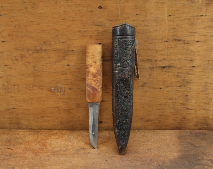 Norwegian Hand Forged Knife | 1960s Craftsmanship | Birch Wood Handle | Leather Sheath | Nordic Heritage Gift