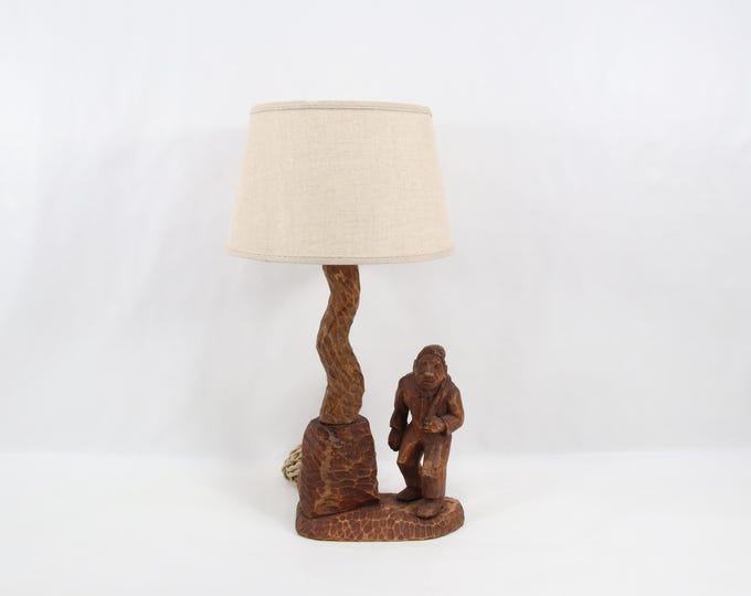 Anker Walle Norwegian Woodsman Lamp 1950s | Hand Carved Wood Folk Art Table Lamp | Scandinavian Vintage Lighting