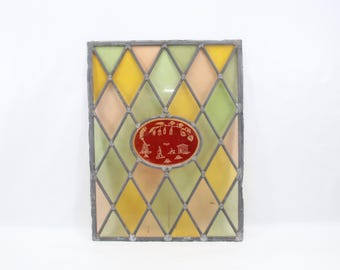 Norwegian Leaded Stained Glass Window | Folk Art Store Panel | 1910s Porsgrund Norway