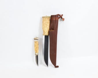 Norwegian Handmade Double Sami Knife|1980s Vintage Hunting Knives|Reindeer Bone Handle|Collectible Knife Art