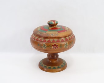 Norwegian Folk Art Wooden Jewelry Box - Hand-Painted Pedestal Bowl with Lid, Circa 1920s