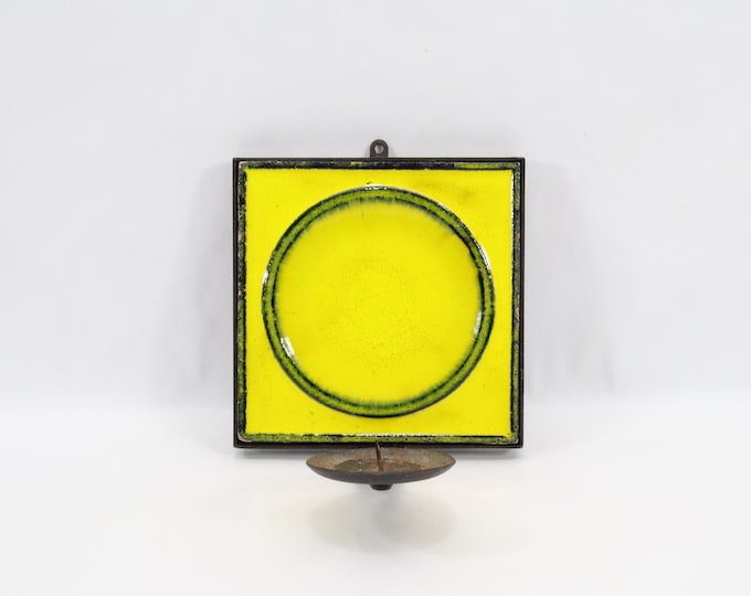 Konrad Galaaen Yellow Ceramic Wall Candle Holder - 1960s Scandinavian Modernist Iron Sconce
