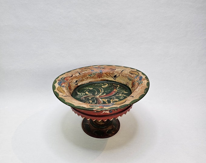 Stunning Vintage Rose Painted Cake Stand | Norwegian Folk-Art | Rare Antique | Wood Cheese Dish
