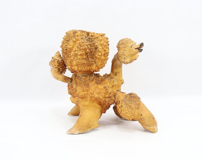 Hand Carved Wooden Poodle Bowl 1960s | Sculptural Knot Wood Art Vessel | Scandinavian Folk Art Animal Sculpture