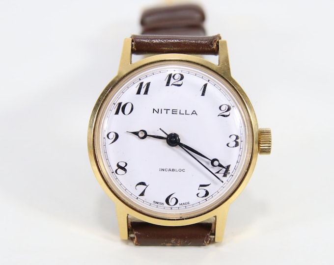 Nitella Incabloc Swiss Hand Wound Watch | Vintage 1960s 31mm Gold Tone Mechanical Wristwatch | Classic Swiss Made 17 Jewels Watch
