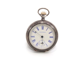 Antique Waltham Sterling Silver Pocket Watch – White Enamel Dial with Blue Roman Numerals, Manual Wind Mechanical Movement, Engraved Case