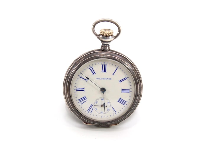 Antique Waltham Sterling Silver Pocket Watch – White Enamel Dial with Blue Roman Numerals, Manual Wind Mechanical Movement, Engraved Case