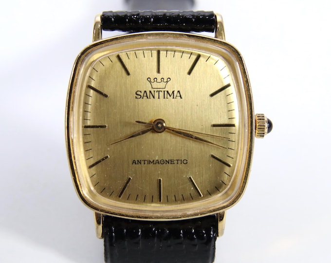 Santima Antimagnetic Hand Wound Watch | Vintage 1970s Gold Tone Square Case 30mm | Minimalist Swiss Style Men’s Mechanical Wristwatch