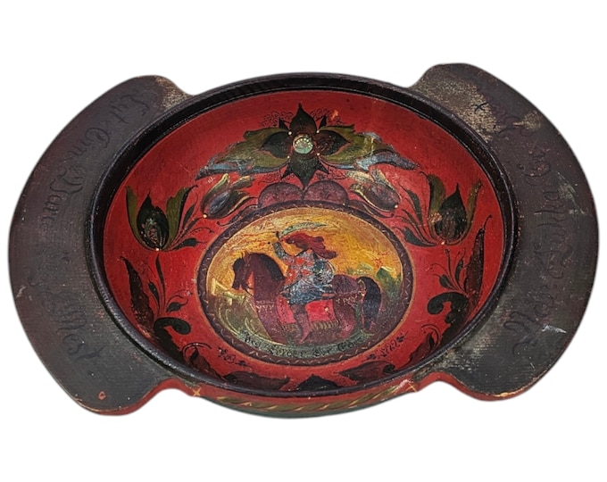 1922 Rare Vintage Ale Bowl from Norway - Hand-Carved Folk Art - Horse and Rider Decor